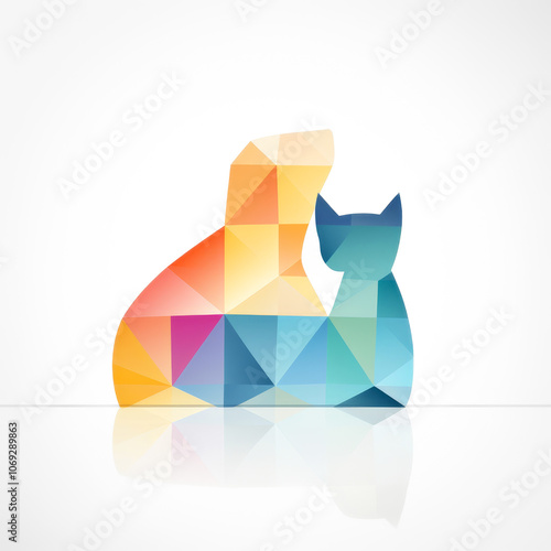 Colorful geometric illustration of a cat and dog silhouette in vibrant triangular mosaic, symbolizing companionship and modern pet design