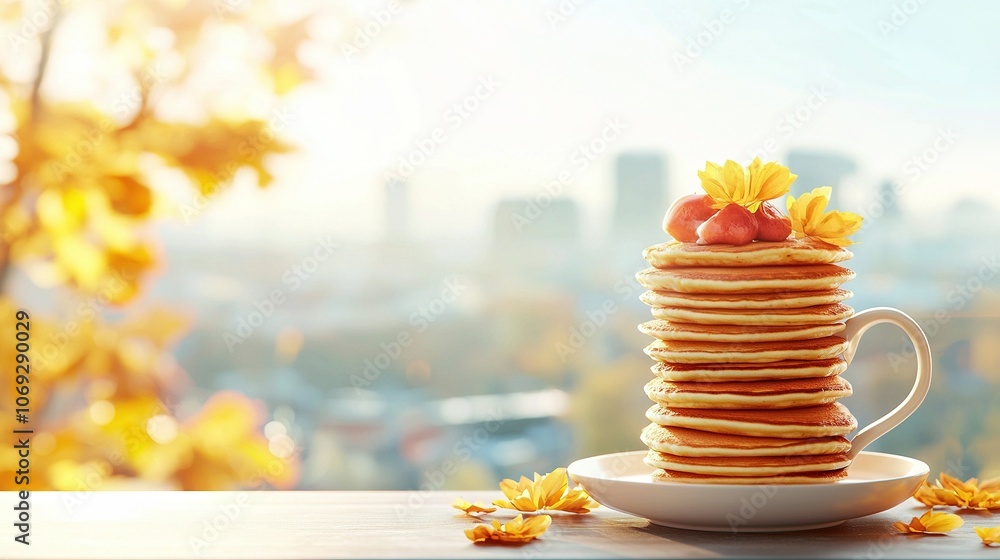 A stack of golden pancakes sits atop a pristine white plate, perched atop a rustic wooden table Beside the open window, the serene scene invites A stack of golden pancakes sits atop a pristine white plate, perched atop a rustic wooden table Beside the open window, the serene scene invites