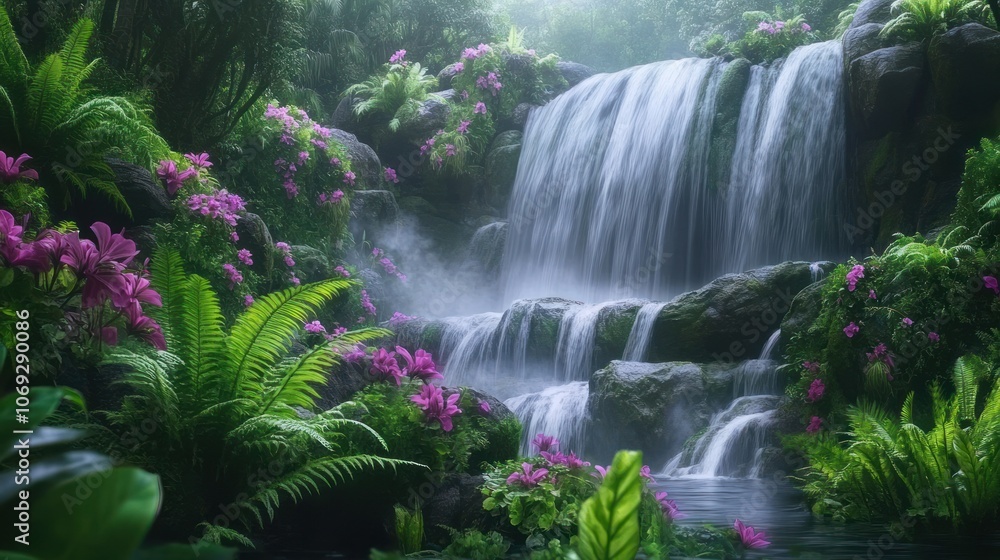 A cascading waterfall flows through a lush green forest with vibrant pink flowers blooming along the rocks. A cascading waterfall flows through a lush green forest with vibrant pink flowers blooming along the rocks.