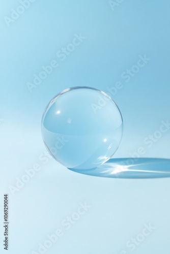 Transparent glass sphere on a light blue background