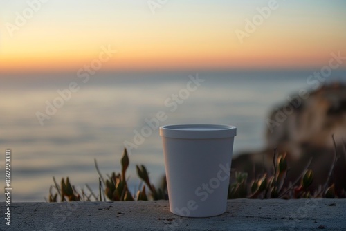 A white coffee cup sits on a ledge overlooking the ocean at sunrise. Generative AI