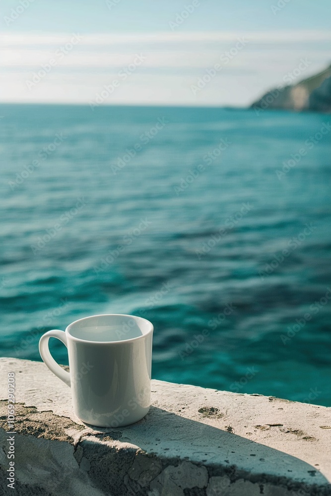 A white coffee cup sits on a ledge overlooking the sea. Generative AI A white coffee cup sits on a ledge overlooking the sea. Generative AI