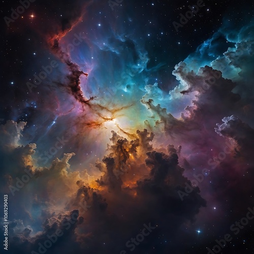 Galactic cloudscape with rainbow-like gas layers, clusters of shining stars, hazy edges blending into black space, cosmic landscape.