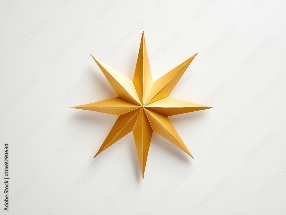 Origami star made of golden paper against a plain white background Origami star made of golden paper against a plain white background