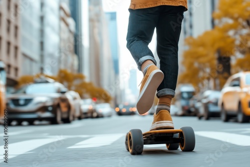 Person riding an electric skateboard through city streets, close-up of legs and shoes with blurred urban background