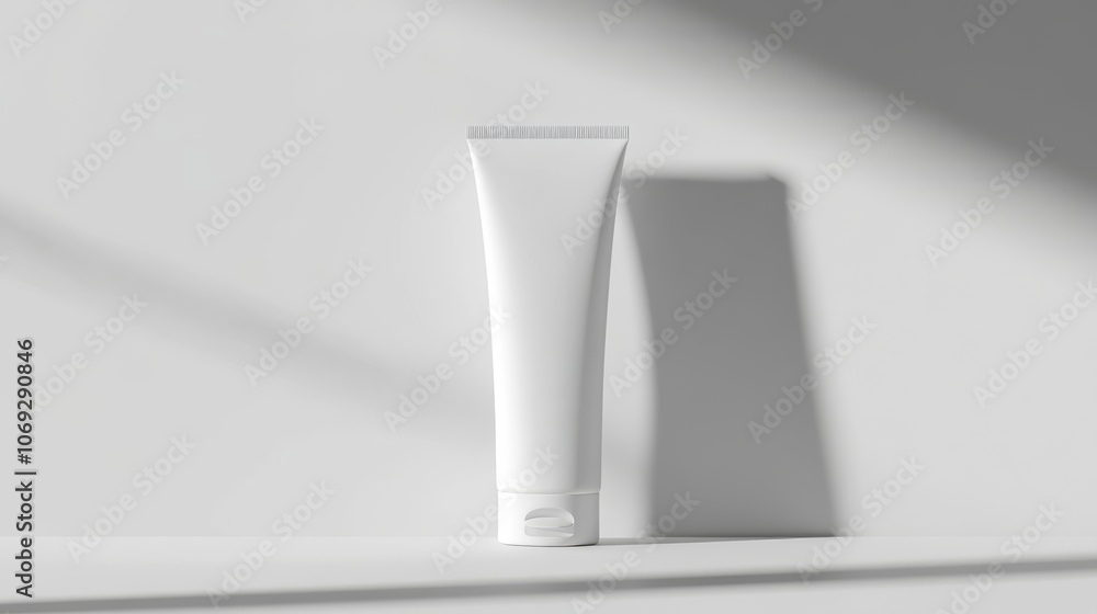 Minimalistic photo of a white skincare tube with a shadow cast on a clean white surface emphasizing simplicity product design and elegance in a modern sleek presentation Minimalistic photo of a white skincare tube with a shadow cast on a clean white surface emphasizing simplicity product design and elegance in a modern sleek presentation