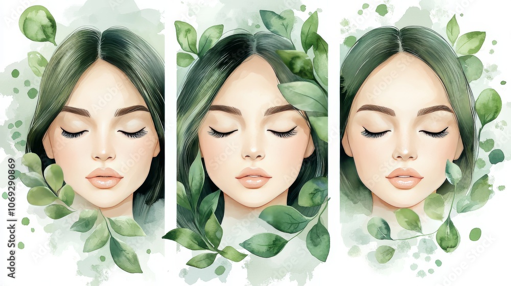 Three women with green leaves surrounding their faces eyes closed symbolizing natural beauty harmony and a connection to nature in a fresh organic setting Three women with green leaves surrounding their faces eyes closed symbolizing natural beauty harmony and a connection to nature in a fresh organic setting