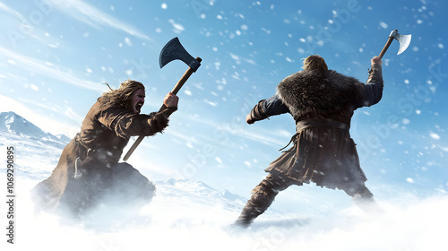 A berserker and a Viking warrior in mid-battle cry, axes raised, as they charge toward their enemies in a snowy, desolate landscape. Raw power depicted with minimalist backgrounds.


 photo