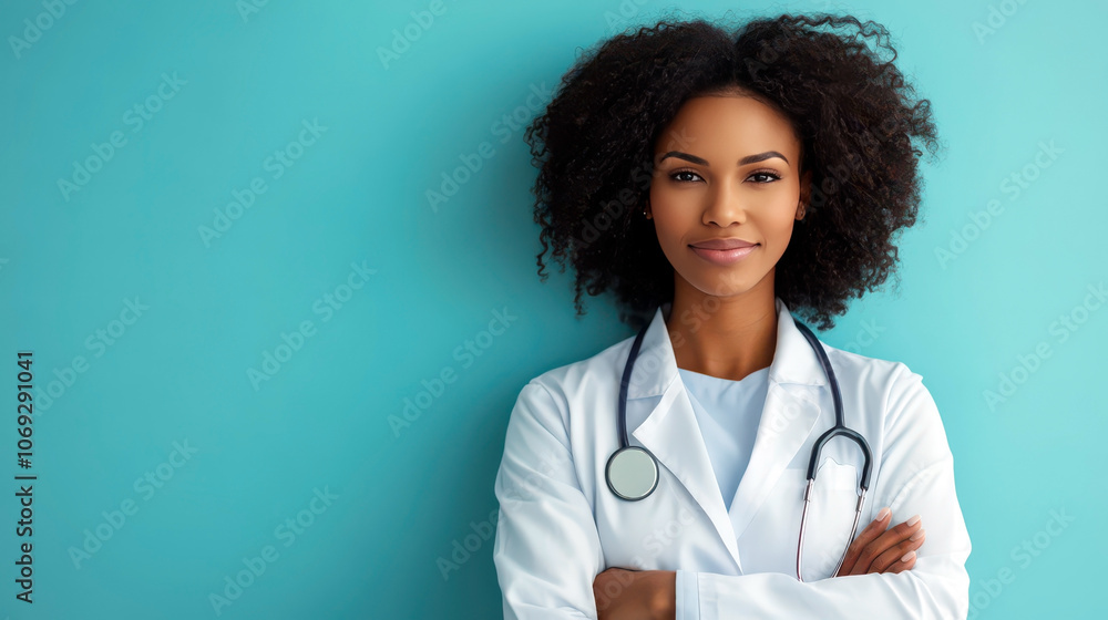 Celebrating National doctor day with confident medical professional portrait. International Nurses Day Medical Worker Day. Horizontal banner. Copy space. African American woman doctor, blue background Celebrating National doctor day with confident medical professional portrait. International Nurses Day Medical Worker Day. Horizontal banner. Copy space. African American woman doctor, blue background