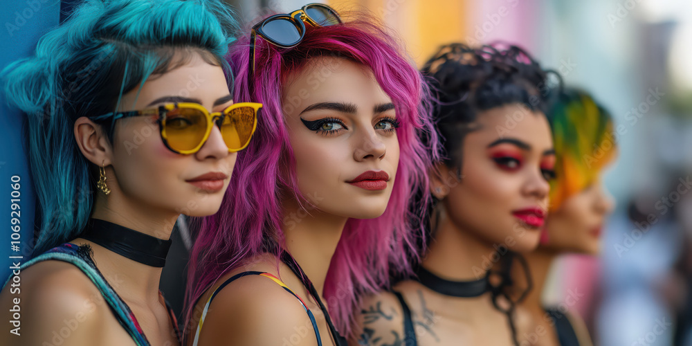 Obraz premium Vibrant urban femininity: diversity in colorful hair and fashion trends