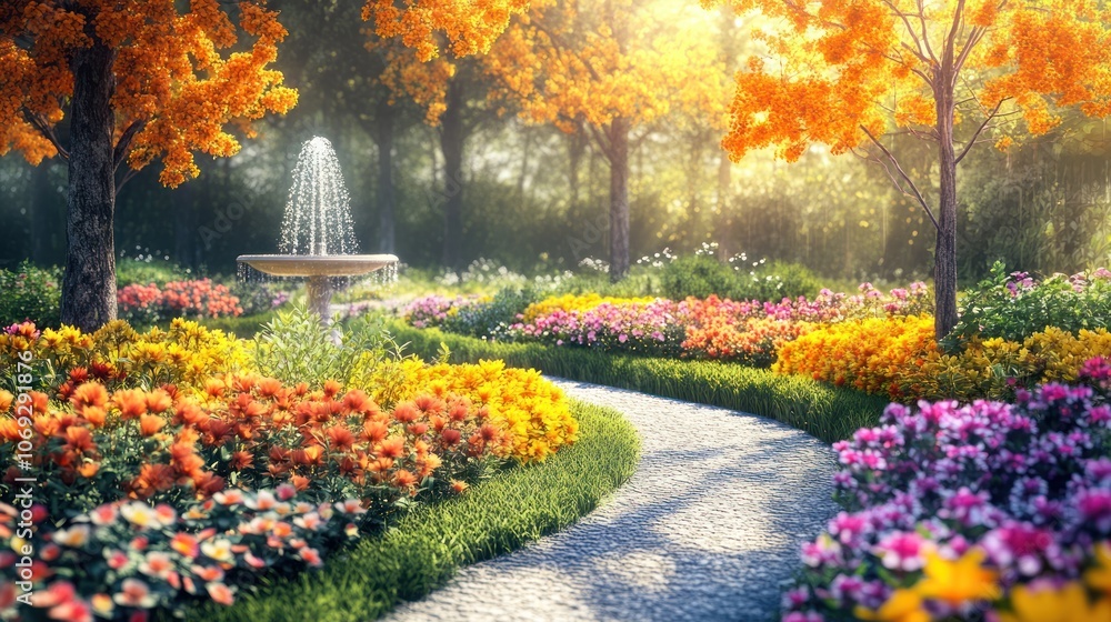 A winding stone path leads to a fountain in a vibrant, sunlit garden, surrounded by blooming flowers and autumn foliage. A winding stone path leads to a fountain in a vibrant, sunlit garden, surrounded by blooming flowers and autumn foliage.