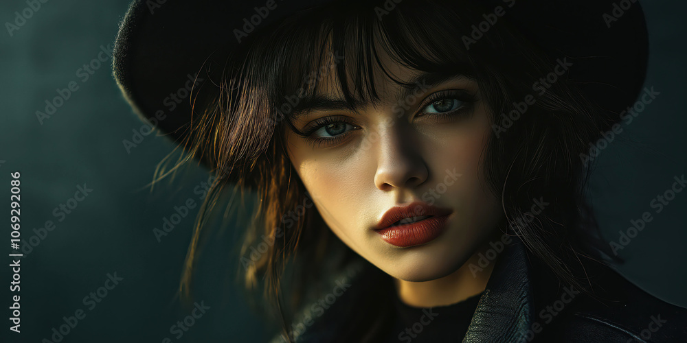 Portrait of woman in black hat with intense gaze and dark hair in soft light Portrait of woman in black hat with intense gaze and dark hair in soft light