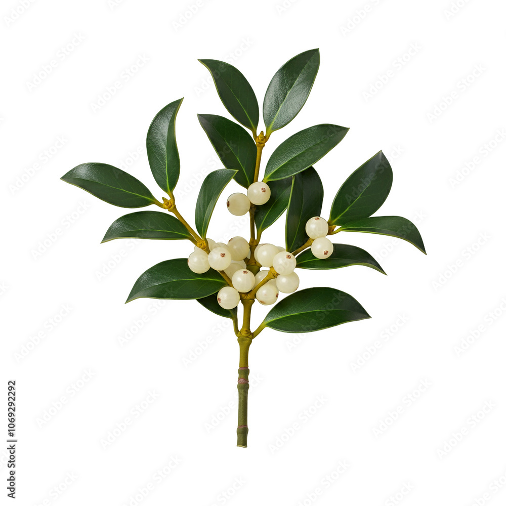 Traditional mistletoe sprig with green leaves and white berries, isolated on a transparent background, ideal for Christmas, holiday decorations, and festive designs Traditional mistletoe sprig with green leaves and white berries, isolated on a transparent background, ideal for Christmas, holiday decorations, and festive designs