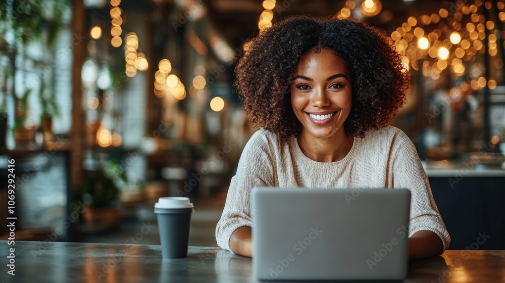 A woman with curly hair enjoys working on her laptop, surrounded by a lively coffee shop atmosphere A woman with curly hair enjoys working on her laptop, surrounded by a lively coffee shop atmosphere