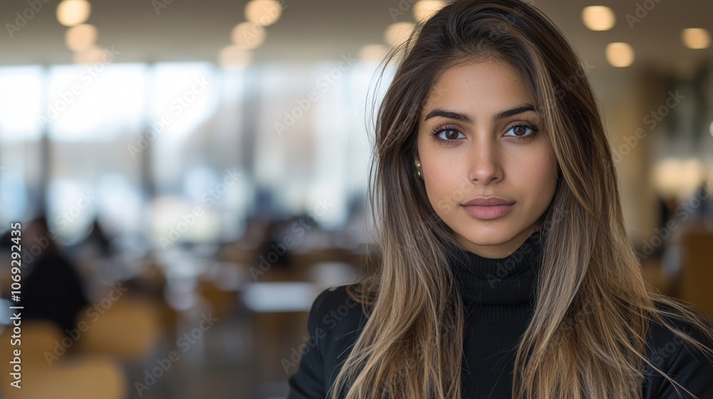 Fototapeta premium The young woman stands in a contemporary café, her long hair cascading effortlessly while she gazes forward