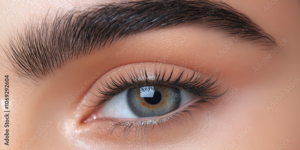 Obraz premium Detailed close-up of a beautiful eye with natural eyebrow and lush eyelashes