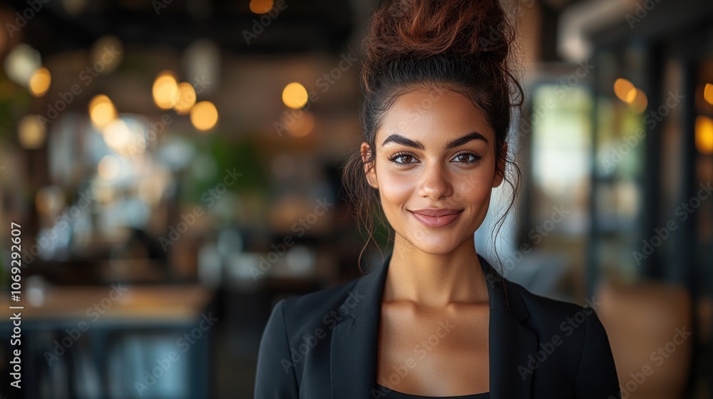 A young woman stands in a modern café, exuding confidence while smiling warmly A young woman stands in a modern café, exuding confidence while smiling warmly