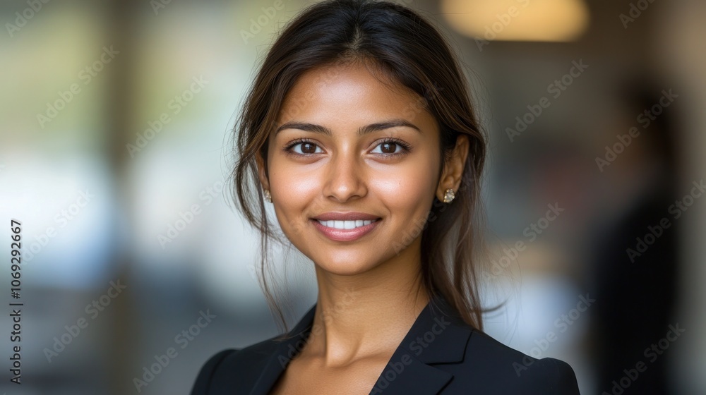A young woman in professional attire smiles confidently while standing in an office environment A young woman in professional attire smiles confidently while standing in an office environment
