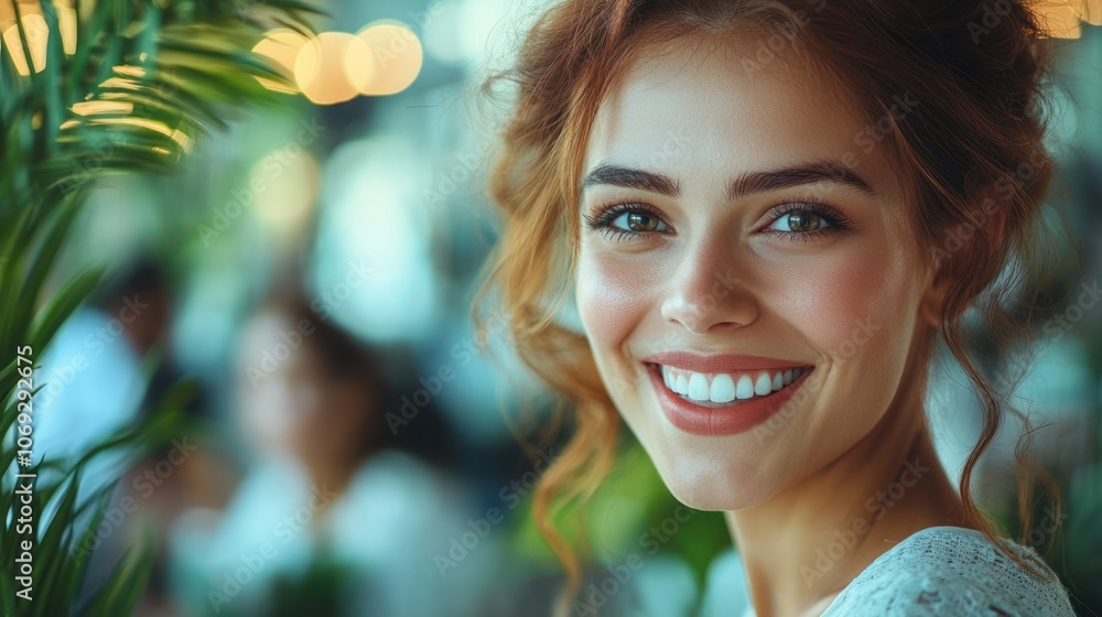 Obraz premium A joyful young woman with bright eyes shares a smile at a lively event filled with guests