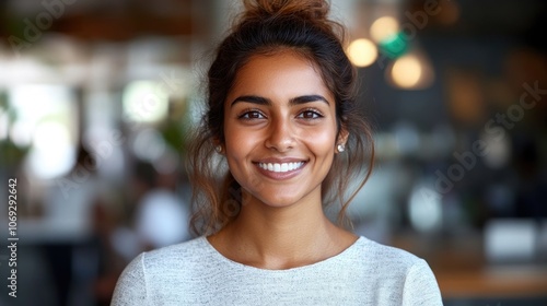 A cheerful young woman with a radiant smile stands in a bright café, exuding happiness