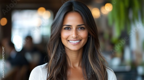 A cheerful woman with long hair poses smiling warmly at a trendy cafe filled with soft lighting