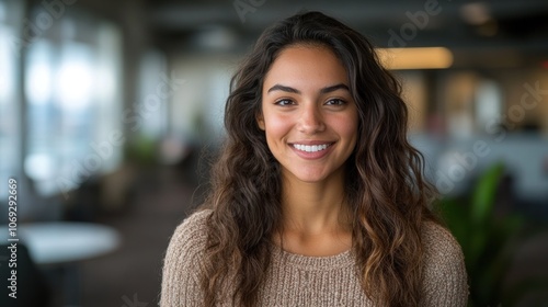 A woman with curly hair smiles warmly while sitting in a modern office environment