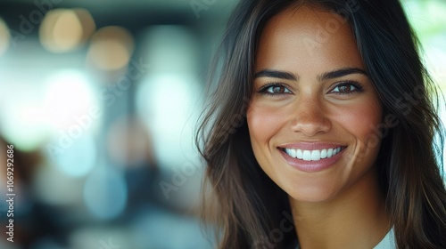 A cheerful woman enjoying her time in a bustling cafe, radiating happiness and warmth