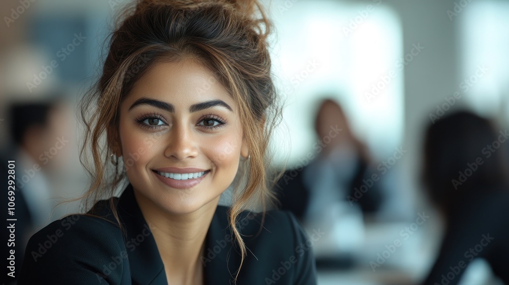 A woman with a warm smile sits at her desk in a contemporary office filled with colleagues A woman with a warm smile sits at her desk in a contemporary office filled with colleagues