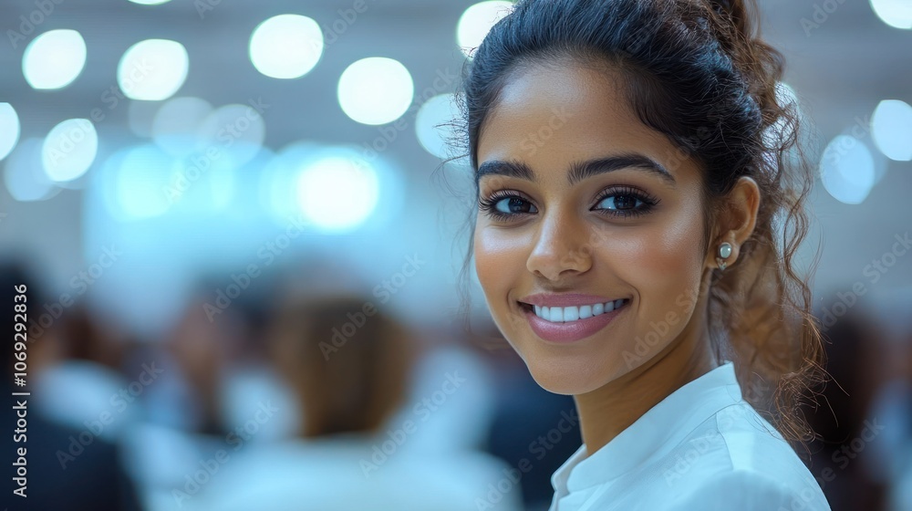 Obraz premium A young woman smiles warmly at a networking event filled with attendees in a well lit venue