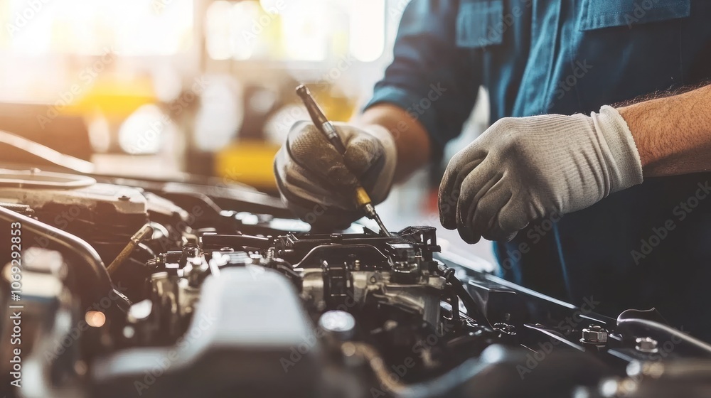 Obraz premium A mechanic working on an engine with tools in a workshop setting.