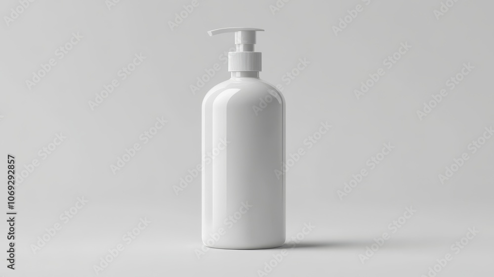 White pump bottle with green potted plants on either side blending simplicity and nature in a minimalist skincare packaging design with eco conscious focus White pump bottle with green potted plants on either side blending simplicity and nature in a minimalist skincare packaging design with eco conscious focus