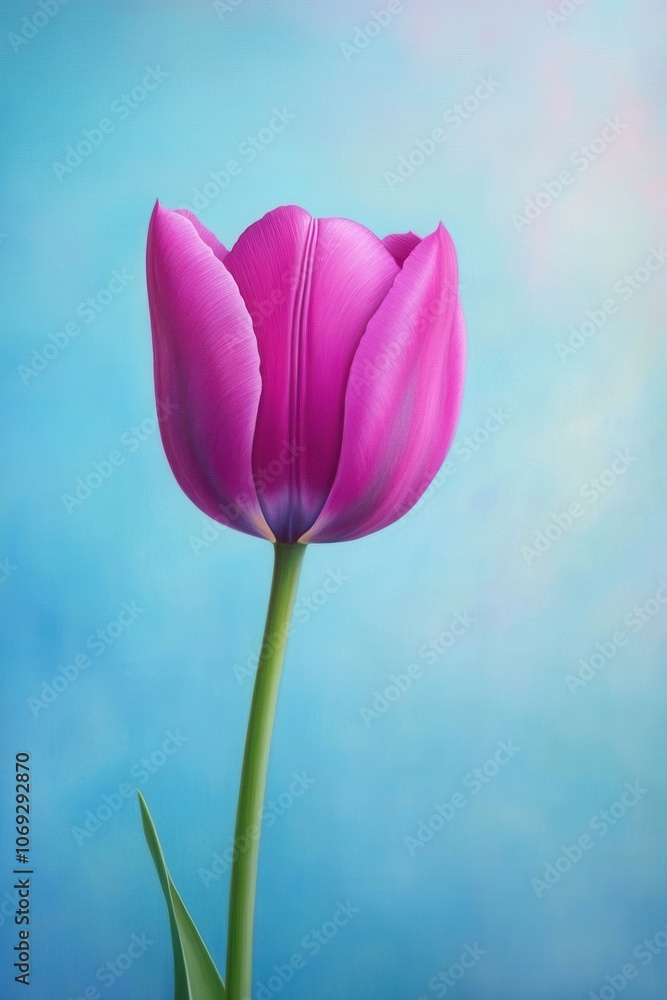 Fototapeta premium Vibrant pink tulip against a serene blue background