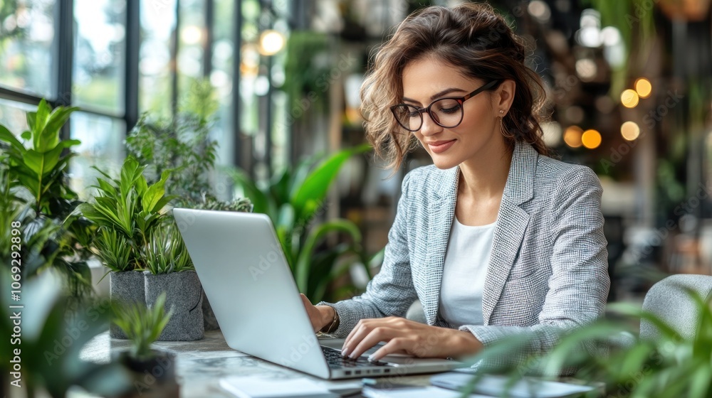 A skilled individual focuses on her laptop while seated in a lush café filled with greenery A skilled individual focuses on her laptop while seated in a lush café filled with greenery