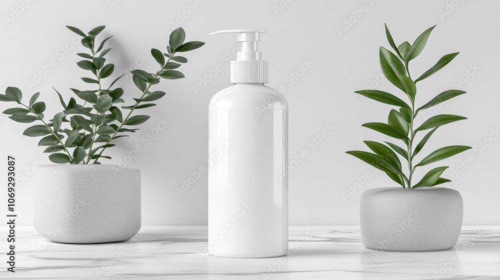 Minimalist white soap dispenser placed beside a small plant on a white surface featuring natural lighting emphasizing simplicity cleanliness and modern eco conscious skincare packaging Minimalist white soap dispenser placed beside a small plant on a white surface featuring natural lighting emphasizing simplicity cleanliness and modern eco conscious skincare packaging