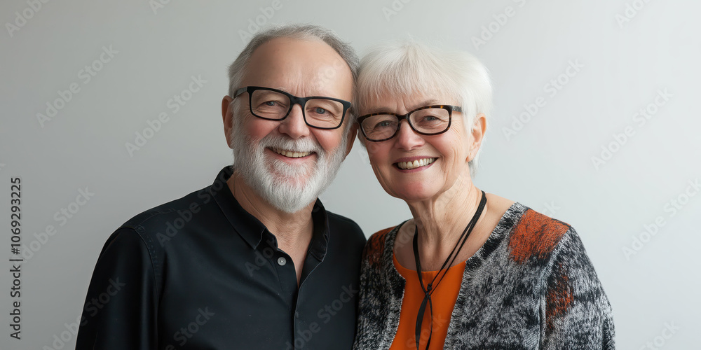 Happy senior couple smiling together in front of a light grey background Happy senior couple smiling together in front of a light grey background