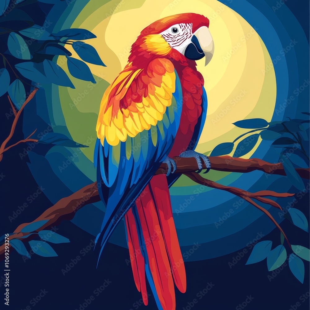 Fototapeta premium A vibrant parrot with rainbow-colored feathers perched on a branch under the moonlight, evoking a sense of tropical adventure and exotic mystery.