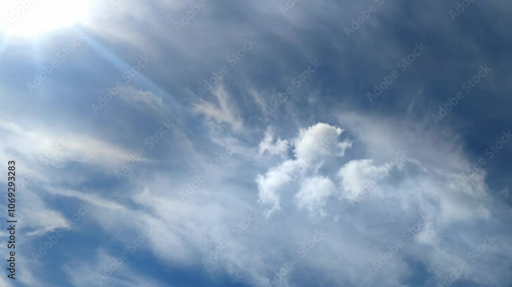 Clouds are floating in the sky. The blue sky is covered with clouds that are moving quickly across the sky. Cirrus and cumulus clouds are located at different heights and change their shape and size Clouds are floating in the sky. The blue sky is covered with clouds that are moving quickly across the sky. Cirrus and cumulus clouds are located at different heights and change their shape and size