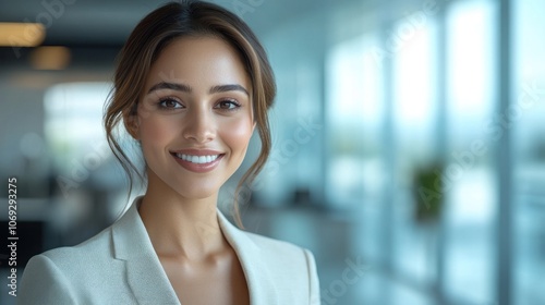 Confident young woman in elegant blazer smiles warmly while standing in a contemporary office environment