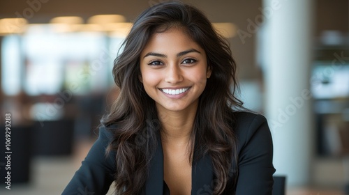 A woman with long hair in a black suit smiles engagingly at her workspace filled with natural light