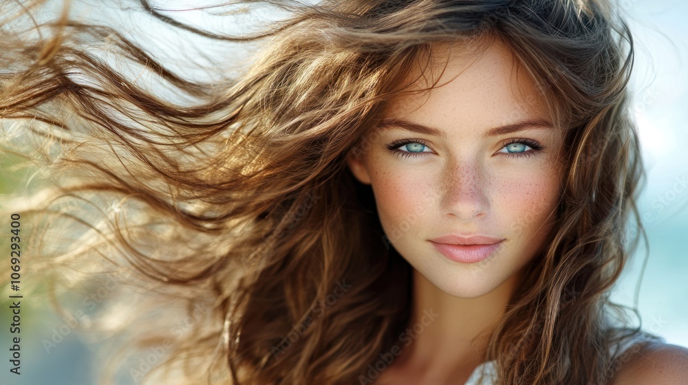 A young woman stands by the beach, her hair blowing in the wind under clear skies A young woman stands by the beach, her hair blowing in the wind under clear skies