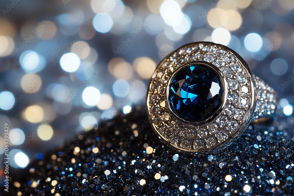 Sparkling Cocktail Ring on Deep Blue Setting: Glamorous Festive Jewelry Sparkling Cocktail Ring on Deep Blue Setting: Glamorous Festive Jewelry