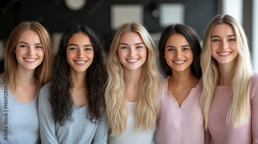 Five friends gather and share joyful smiles while posing indoors at a relaxed atmosphere Five friends gather and share joyful smiles while posing indoors at a relaxed atmosphere