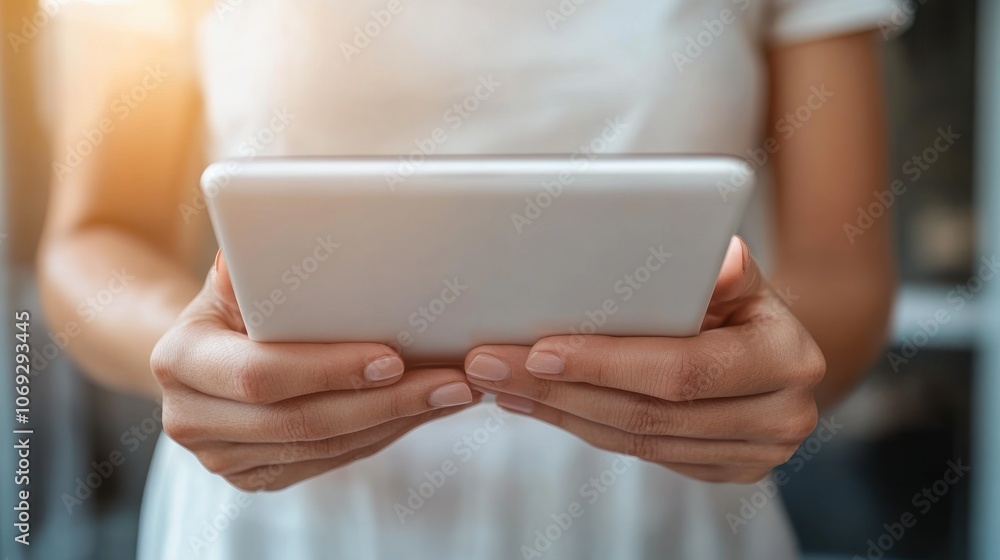 A person interacts with a tablet, enjoying the warm sunlight in a relaxed indoor environment A person interacts with a tablet, enjoying the warm sunlight in a relaxed indoor environment