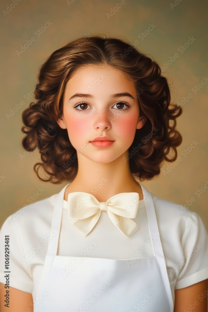 Elegant young woman with beautiful curly hairstyle wearing a white bow tie blouse Elegant young woman with beautiful curly hairstyle wearing a white bow tie blouse