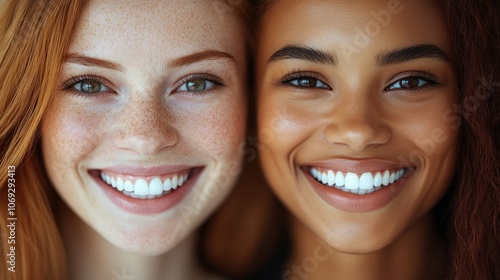 Two young women share joyful smiles, highlighting their friendship and natural beauty in a warm setting