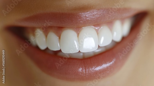 A person displays a vibrant smile with perfectly aligned white teeth and rosy lips