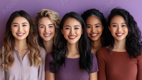 Five young women stand together, smiling happily against a vibrant purple backdrop