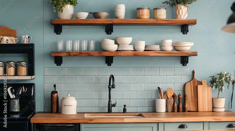 Clean, minimalist kitchen with open shelves to highlight simplicity and functionality Clean, minimalist kitchen with open shelves to highlight simplicity and functionality