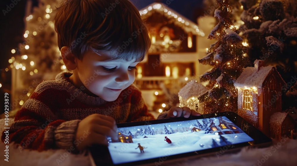 Fototapeta premium A child engaging with an interactive Christmas story app, immersed in a magical winter tale on a tablet.