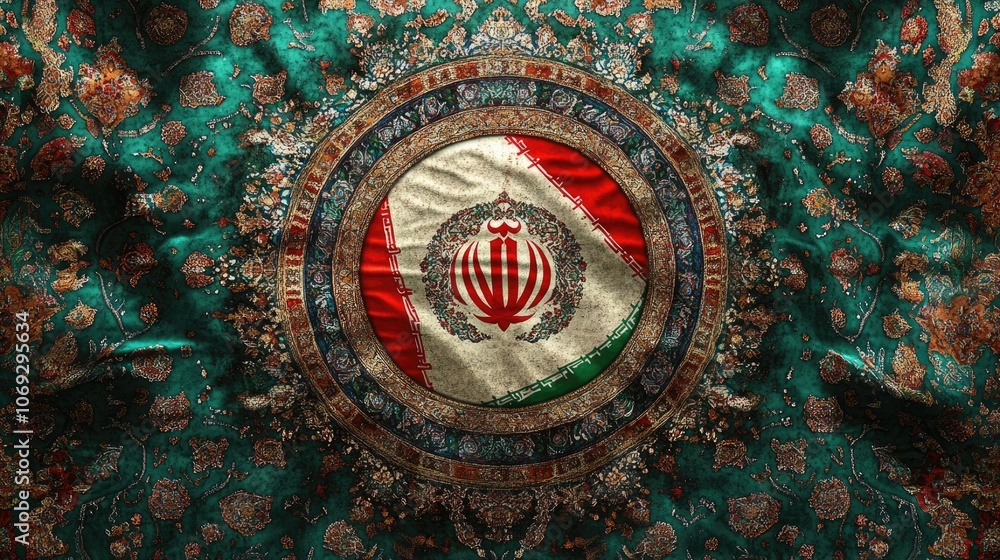 Fototapeta premium The flag of Iran displayed on a colorful patterned fabric.